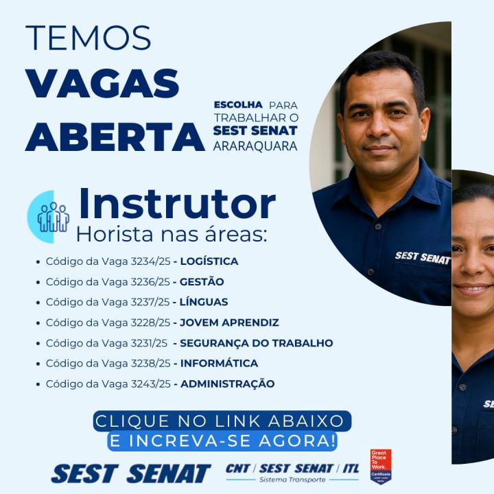 Foto 2 de 2 — SEST SENAT abre vagas de emprego em Araraquara; veja as áreas